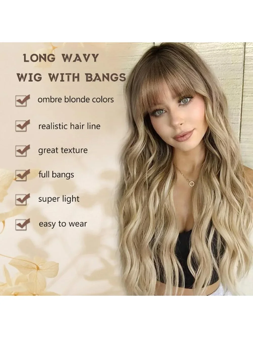 Women's Ombre Blonde 26 Inch Natural Looking Heat Resistant Synthetic Wigs Bangs